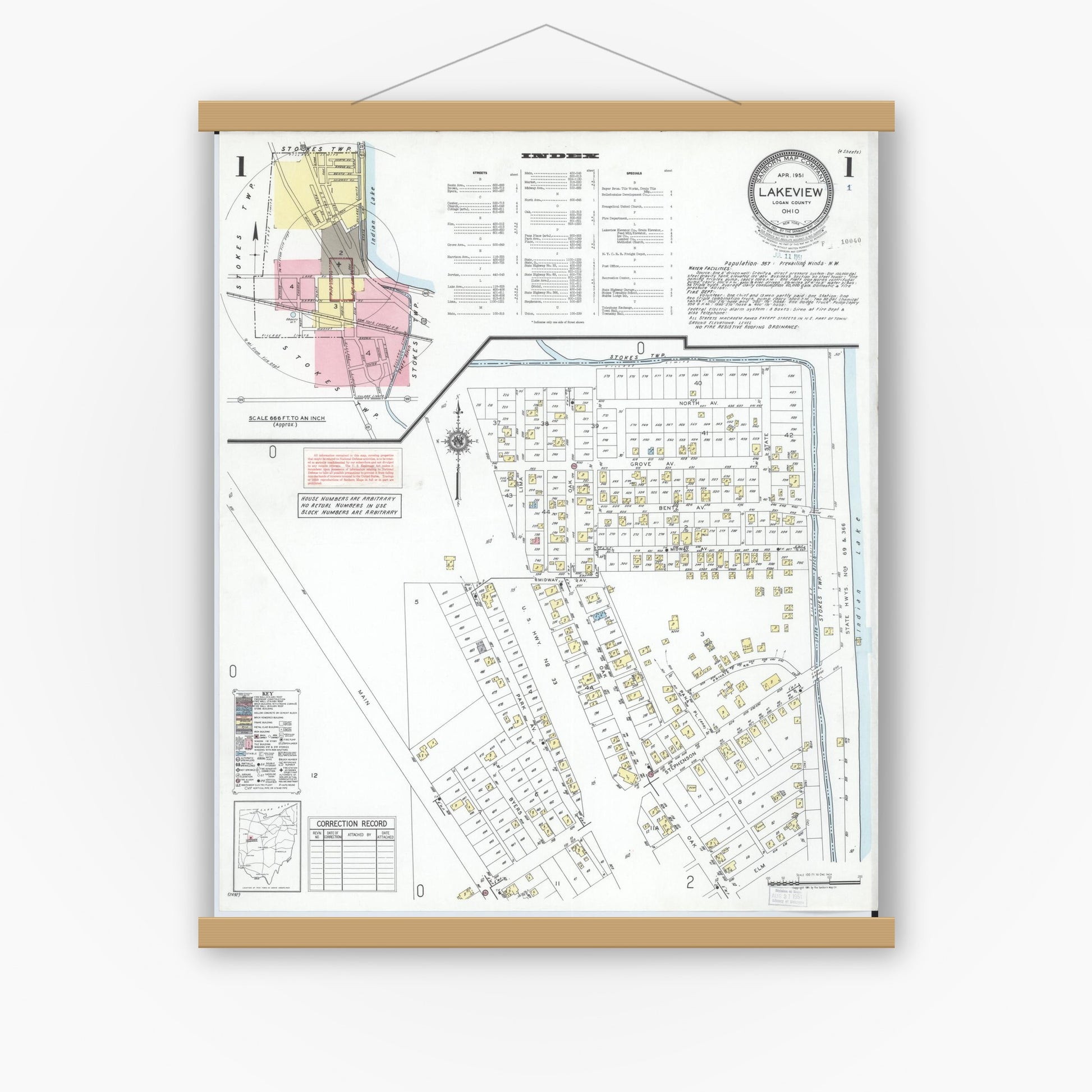 Old map wall art mockup — magnetic wood frame on white wall — Sanborn Fire Insurance Map from Lakeview, Logan County, Ohio (1951), Sheet #0001