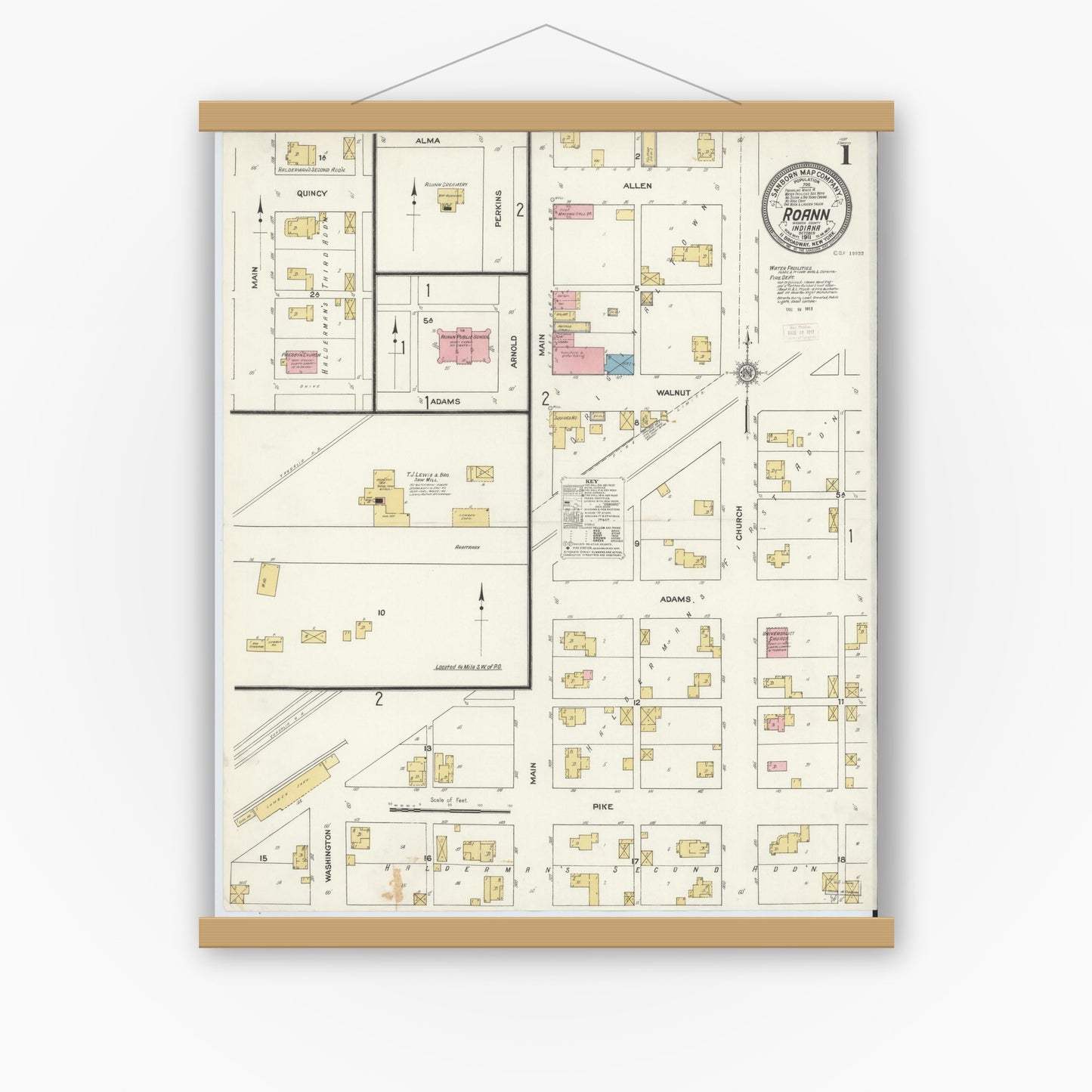 Old map wall art mockup — magnetic wood frame on white wall — Sanborn Fire Insurance Map from Roann, Wabash County, Indiana (1911) - Complete Map Set