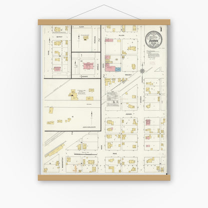 Old map wall art mockup — magnetic wood frame on white wall — Sanborn Fire Insurance Map from Roann, Wabash County, Indiana (1911) - Complete Map Set