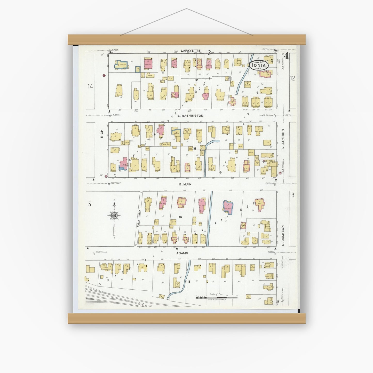 Old map wall art mockup — magnetic wood frame on white wall — Sanborn Fire Insurance Map from Ionia, Ionia County, Michigan (1920), Sheet #0004