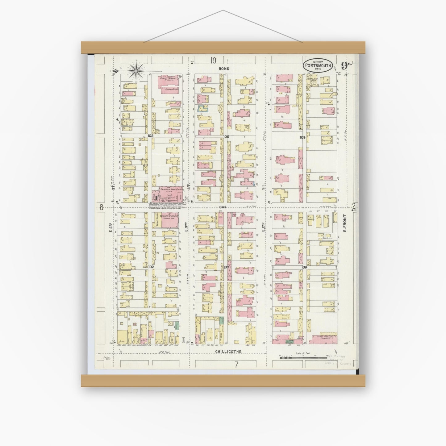 Old map wall art mockup — magnetic wood frame on white wall — Sanborn Fire Insurance Map from Portsmouth, Scioto County, Ohio (1897), Sheet #0009