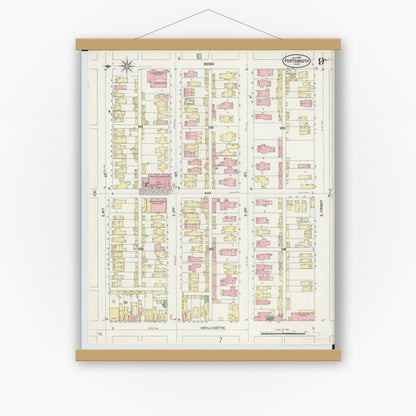 Old map wall art mockup — magnetic wood frame on white wall — Sanborn Fire Insurance Map from Portsmouth, Scioto County, Ohio (1897), Sheet #0009