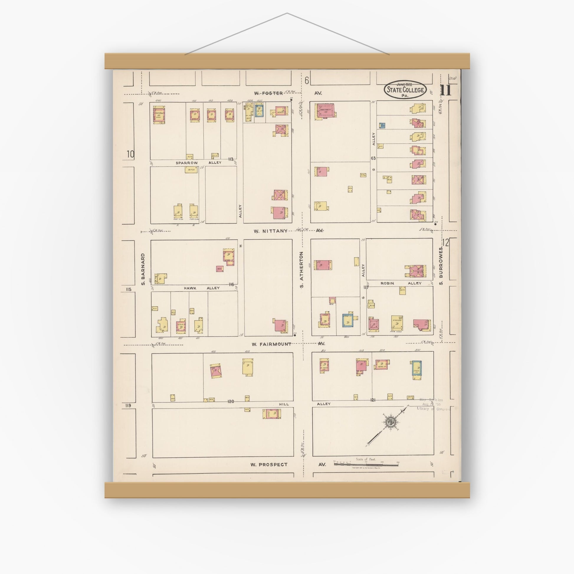 Old map wall art mockup — magnetic wood frame on white wall — Sanborn Fire Insurance Map from State College, Centre County, Pennsylvania (1922), Sheet #0011