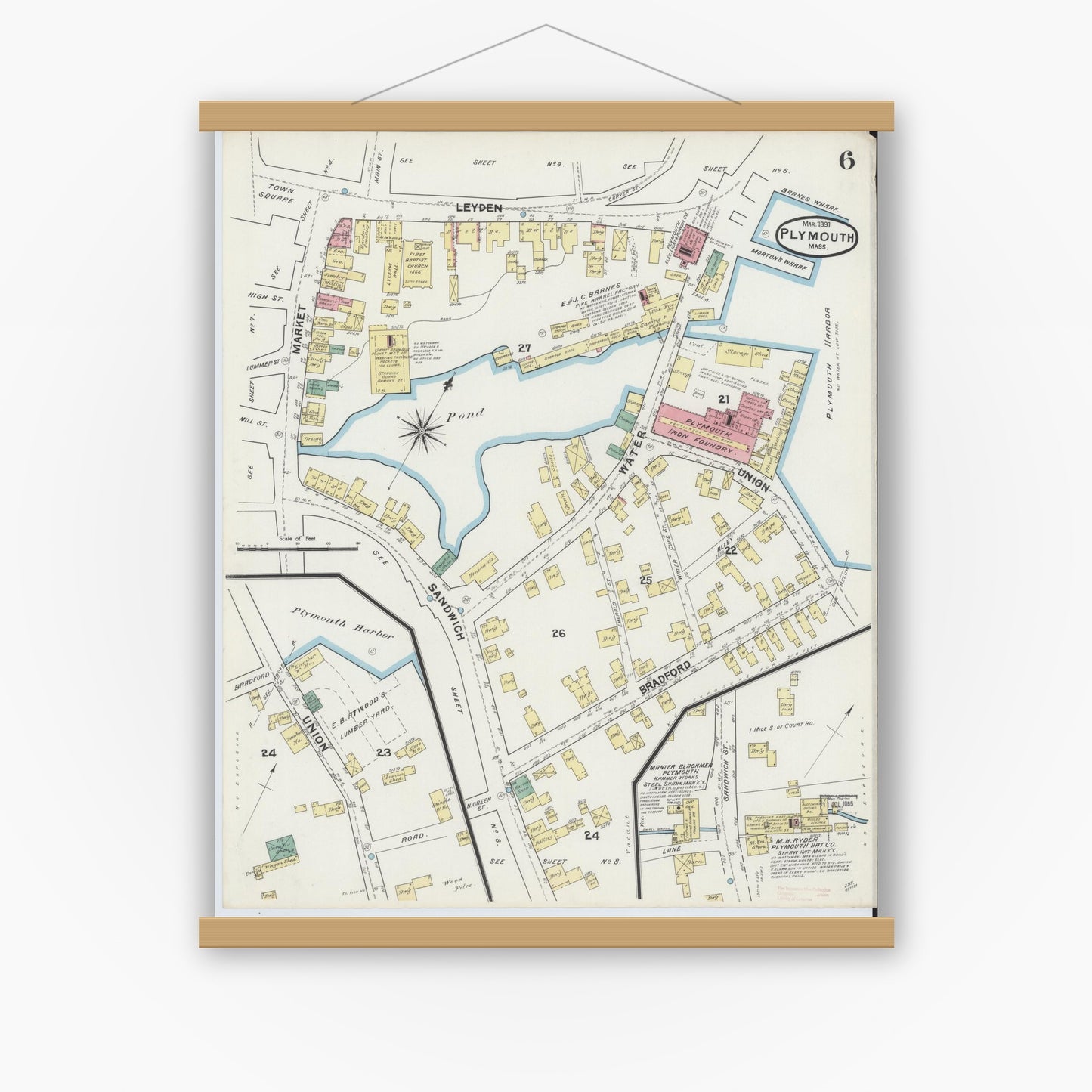 Old map wall art mockup — magnetic wood frame on white wall — Sanborn Fire Insurance Map from Plymouth, Plymouth County, Massachusetts (1891), Sheet #0006