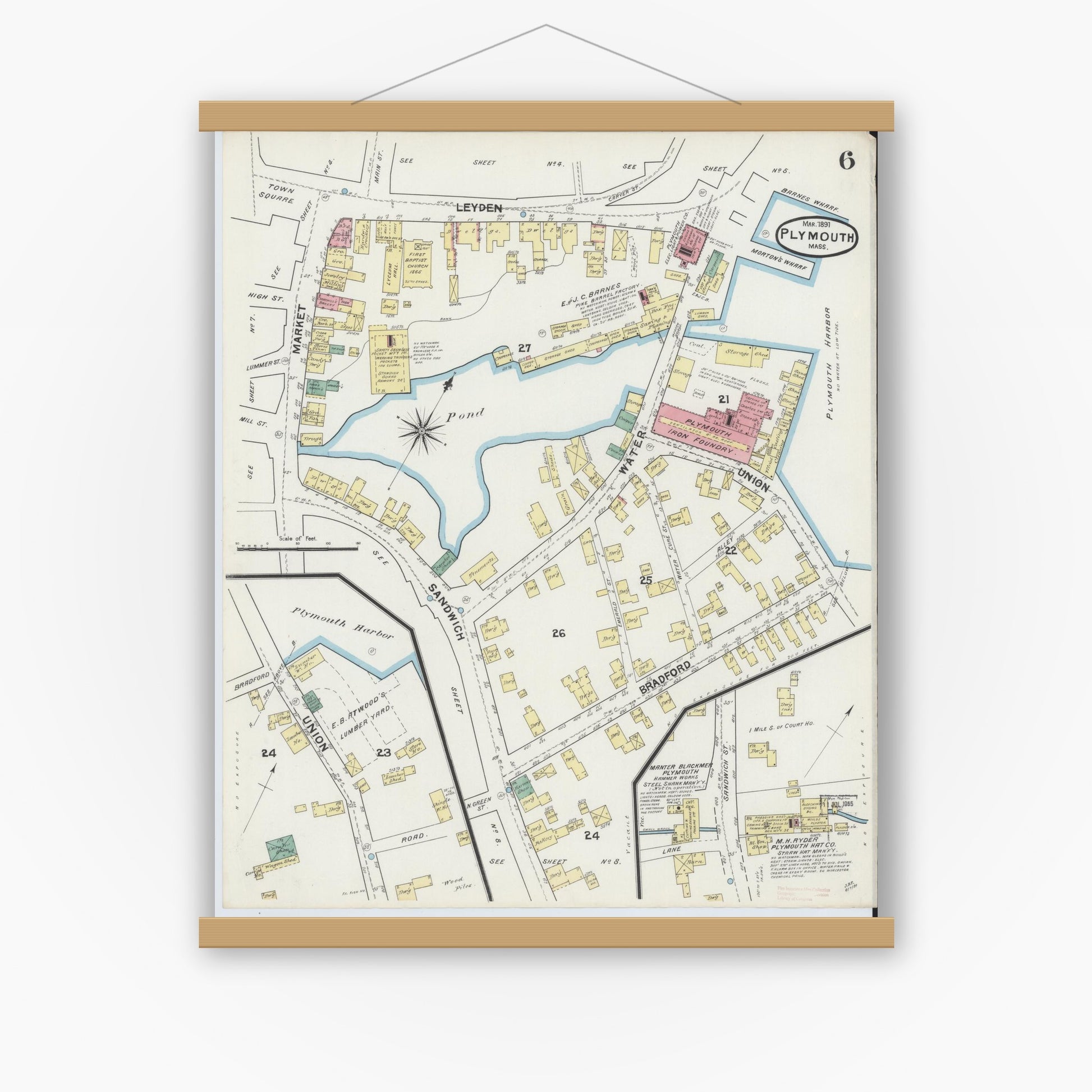 Old map wall art mockup — magnetic wood frame on white wall — Sanborn Fire Insurance Map from Plymouth, Plymouth County, Massachusetts (1891), Sheet #0006