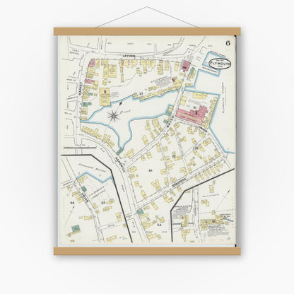 Old map wall art mockup — magnetic wood frame on white wall — Sanborn Fire Insurance Map from Plymouth, Plymouth County, Massachusetts (1891), Sheet #0006