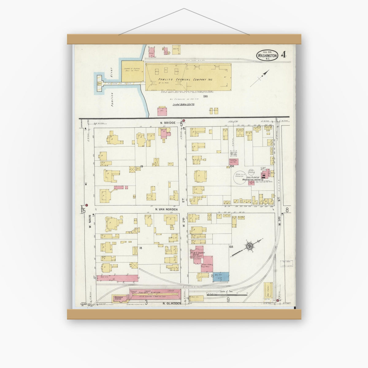 Old map wall art mockup — magnetic wood frame on white wall — Sanborn Fire Insurance Map from Washington, Beaufort County, North Carolina (1916), Sheet #0004