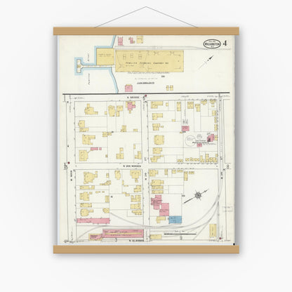 Old map wall art mockup — magnetic wood frame on white wall — Sanborn Fire Insurance Map from Washington, Beaufort County, North Carolina (1916), Sheet #0004