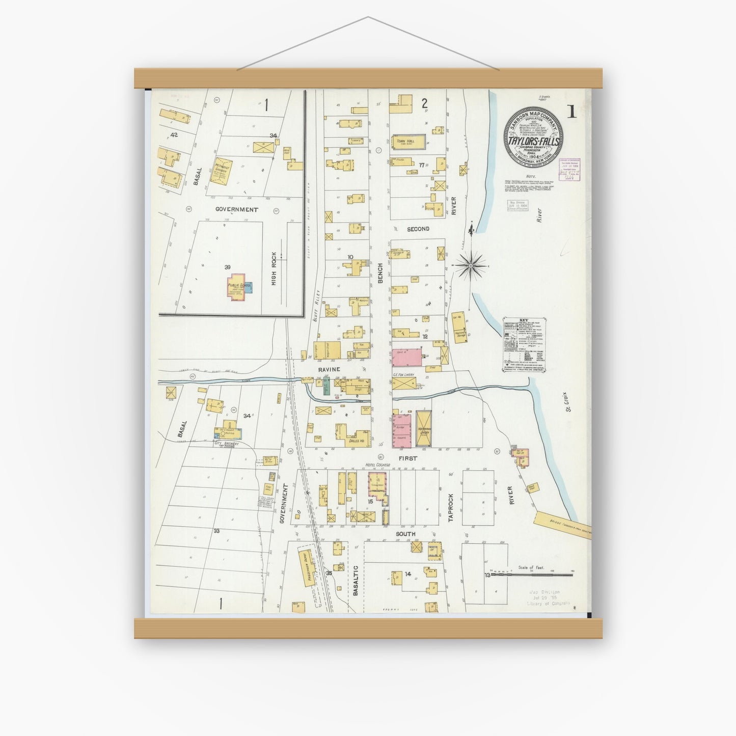 Old map wall art mockup — magnetic wood frame on white wall — Sanborn Fire Insurance Map from Taylors Falls, Chisago County, Minnesota (1904) - Complete Map Set