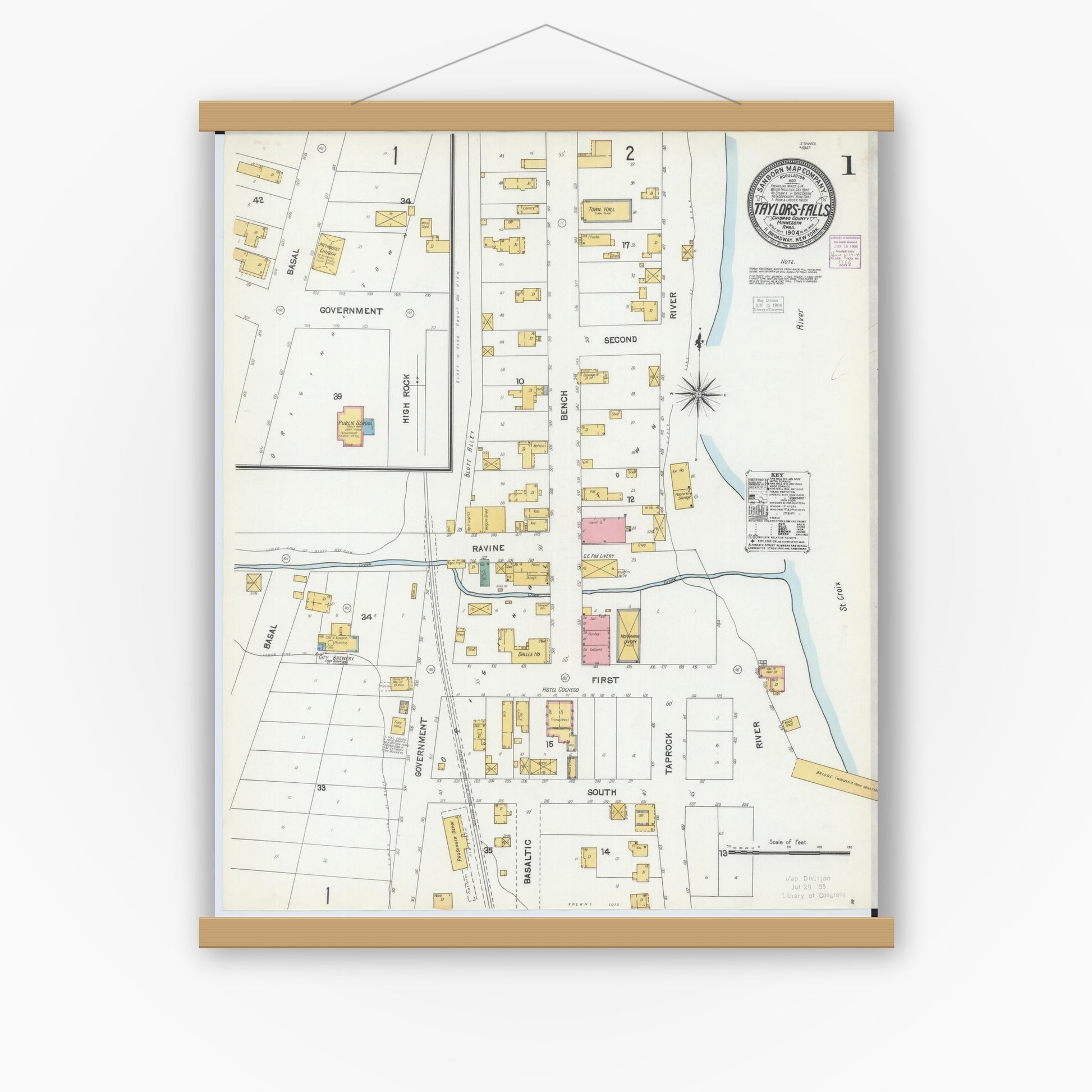 Old map wall art mockup — magnetic wood frame on white wall — Sanborn Fire Insurance Map from Taylors Falls, Chisago County, Minnesota (1904) - Complete Map Set