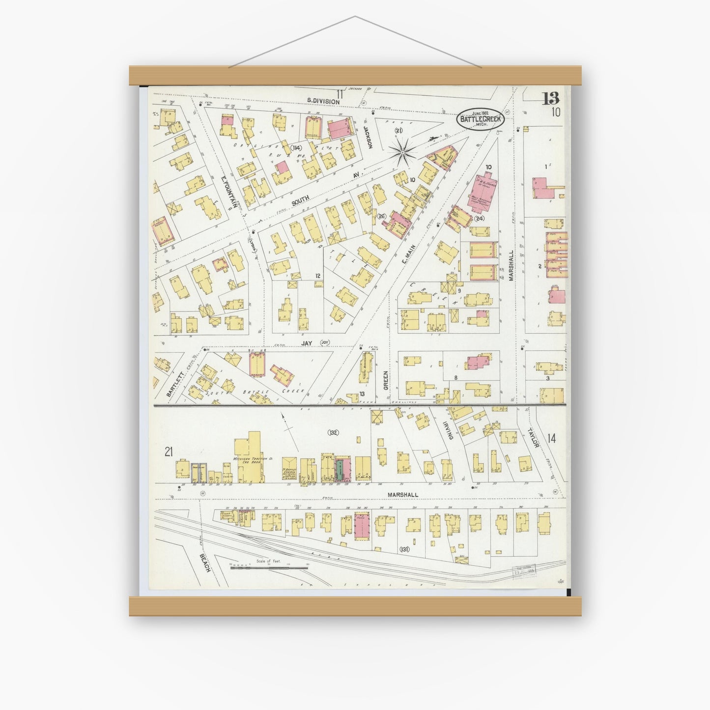 Old map wall art mockup — magnetic wood frame on white wall — Sanborn Fire Insurance Map from Battle Creek, Calhoun County, Michigan (1902), Sheet #0013