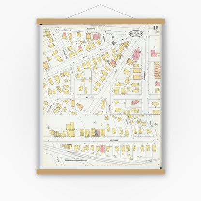 Old map wall art mockup — magnetic wood frame on white wall — Sanborn Fire Insurance Map from Battle Creek, Calhoun County, Michigan (1902), Sheet #0013