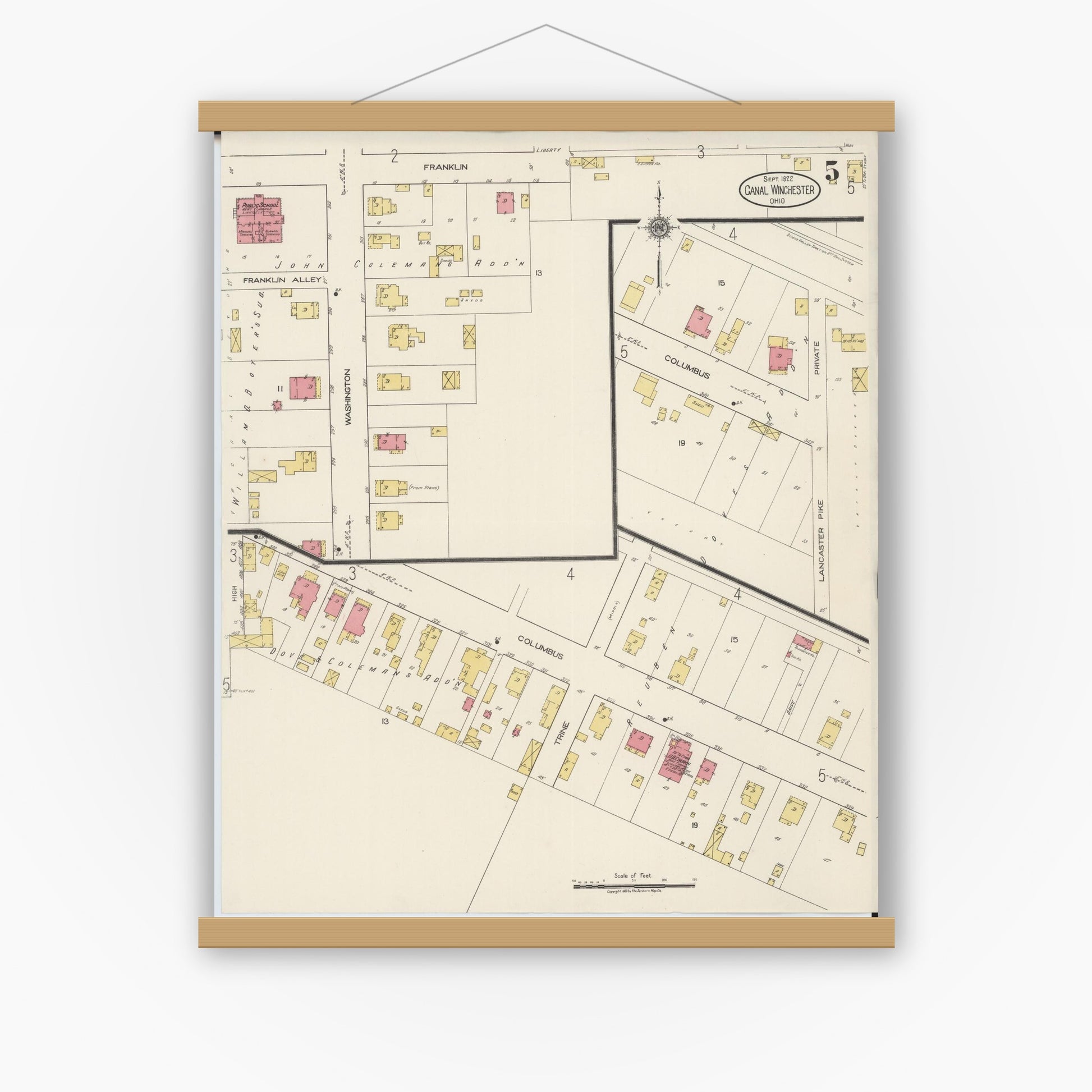 Old map wall art mockup — magnetic wood frame on white wall — Sanborn Fire Insurance Map from Canal Winchester, Franklin County, Ohio (1922), Sheet #0005