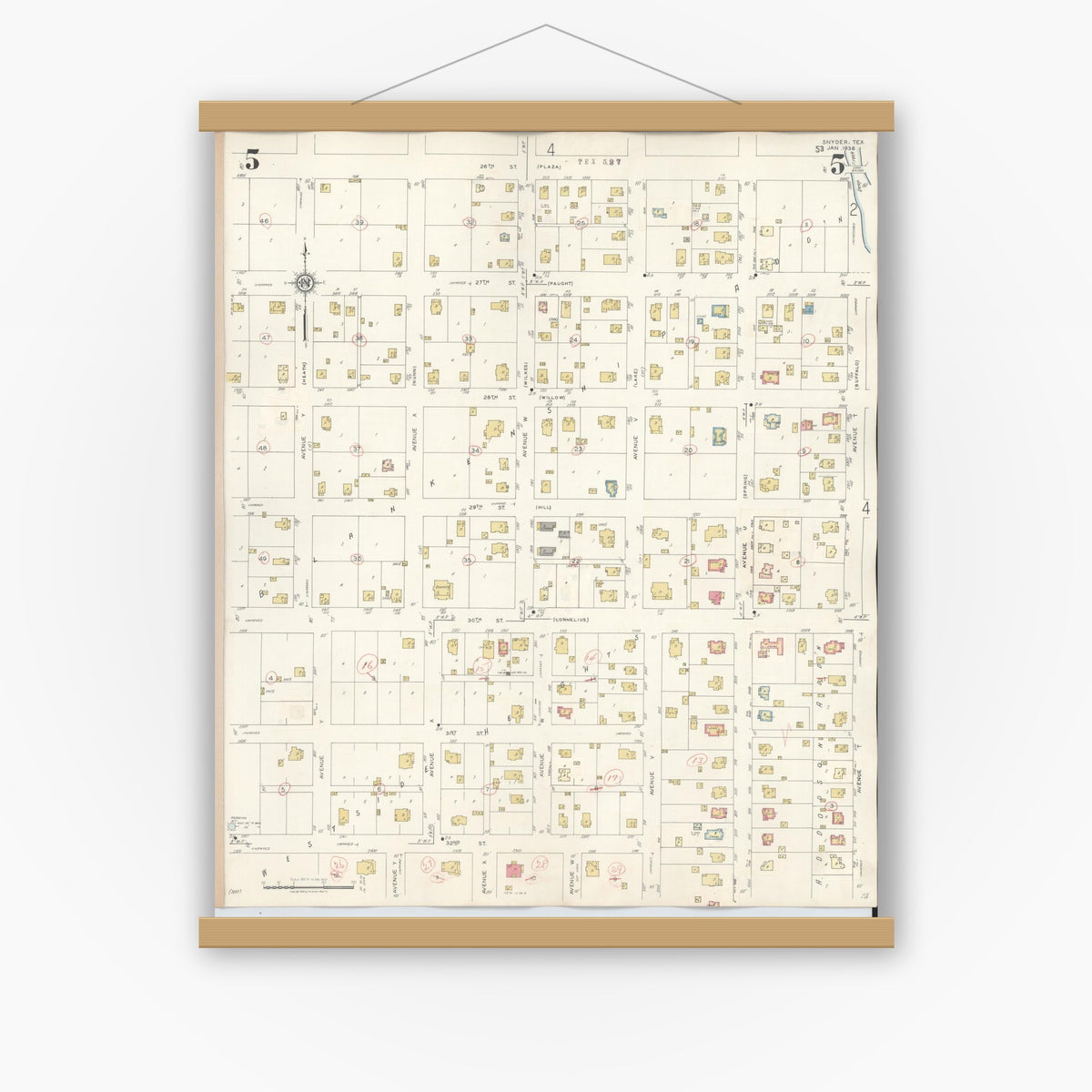 Old map wall art mockup — magnetic wood frame on white wall — Sanborn Fire Insurance Map from Snyder, Scurry County, Texas (1942), Sheet #0005