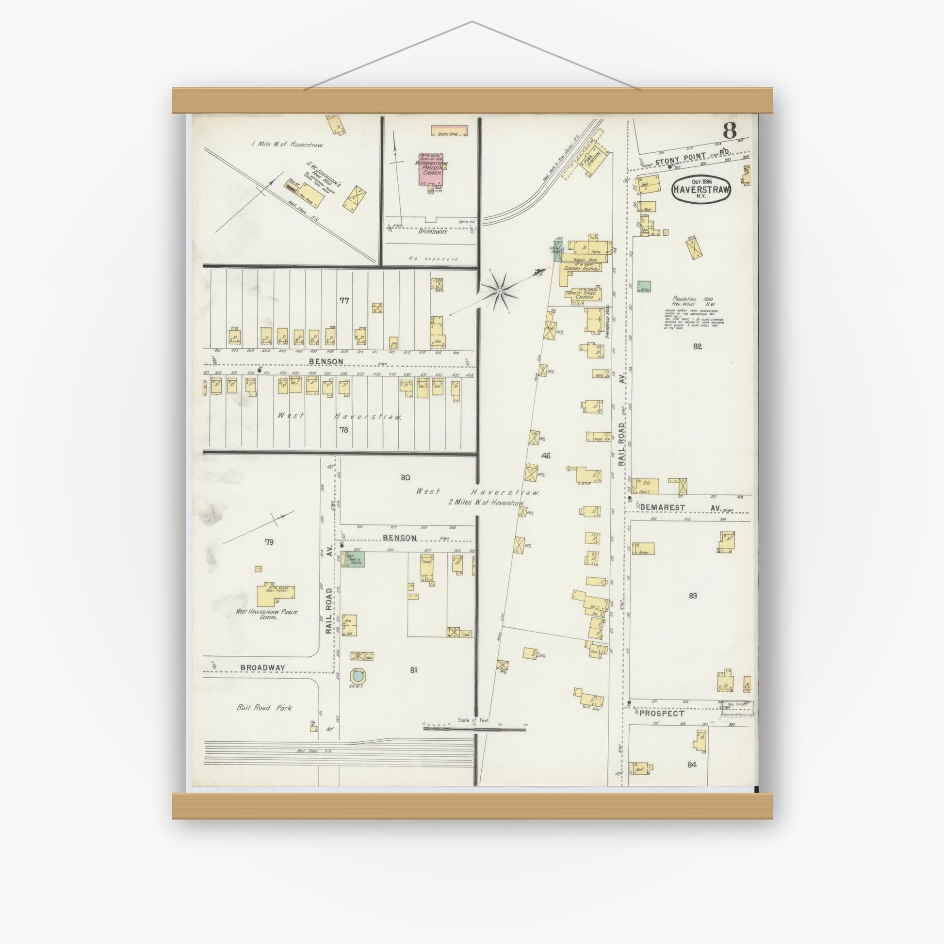 Old map wall art mockup — magnetic wood frame on white wall — Sanborn Fire Insurance Map from Haverstraw, Rockland County, New York (1896), Sheet #0008