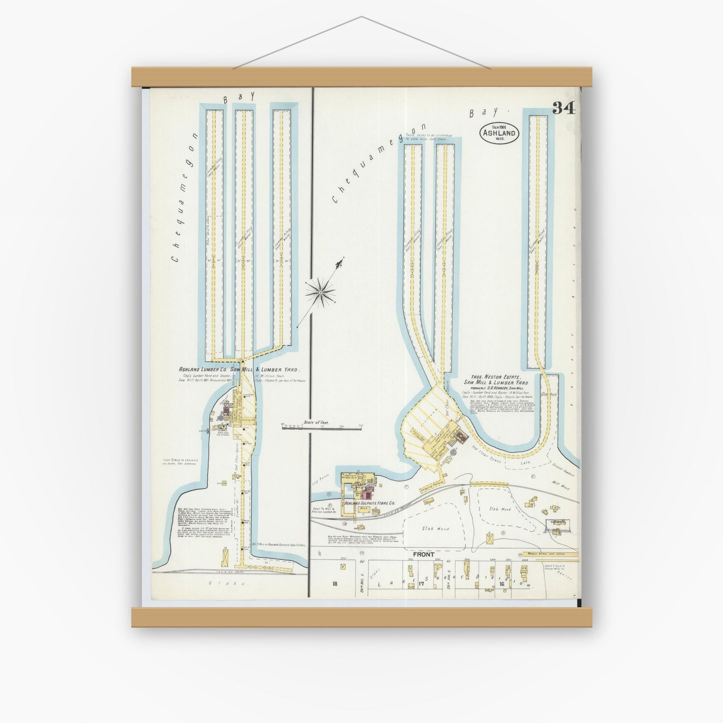 Old map wall art mockup — magnetic wood frame on white wall — Sanborn Fire Insurance Map from Ashland, Ashland County, Wisconsin (1901), Sheet #0034
