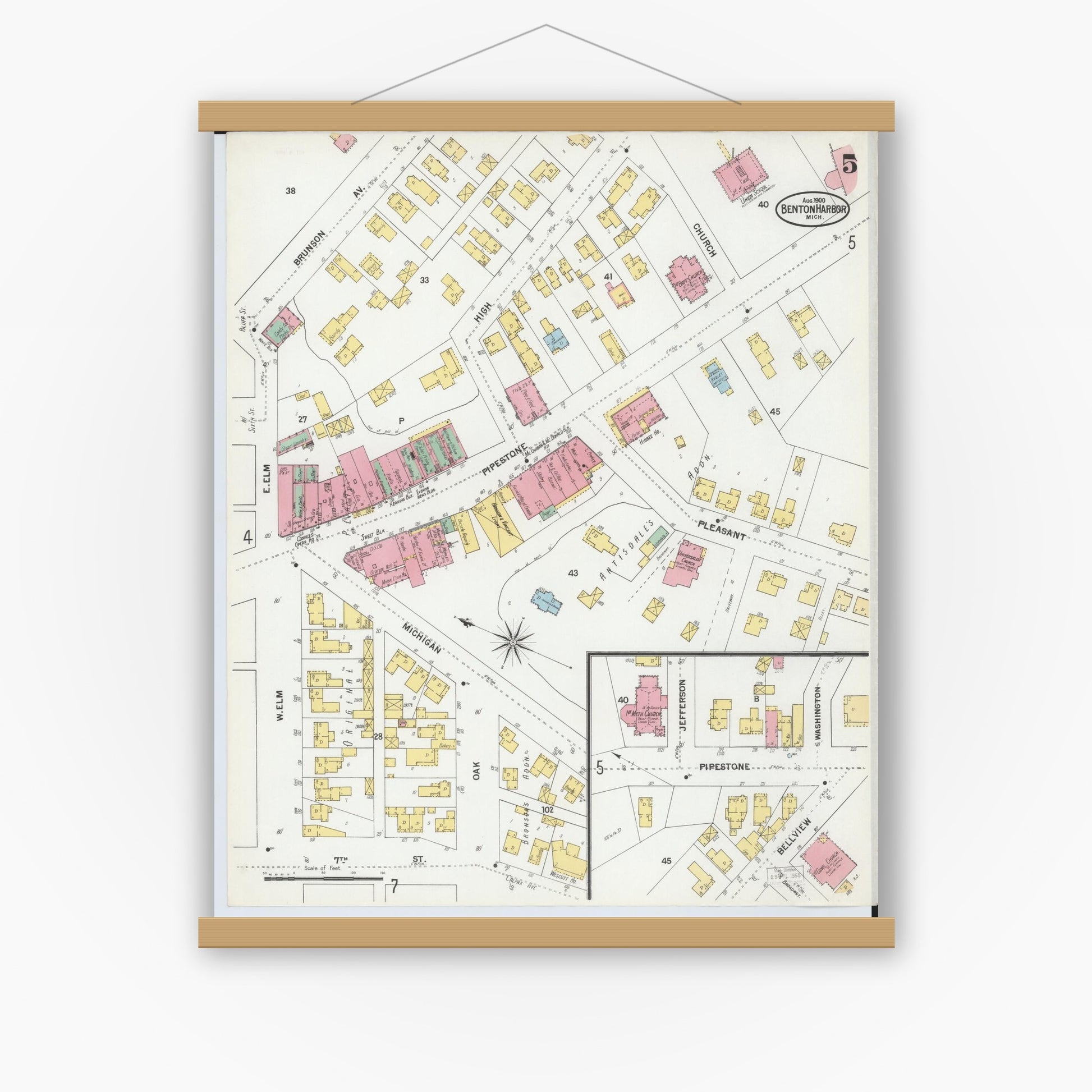 Old map wall art mockup — magnetic wood frame on white wall — Sanborn Fire Insurance Map from Benton Harbor, Berrien County, Michigan (1900), Sheet #0005