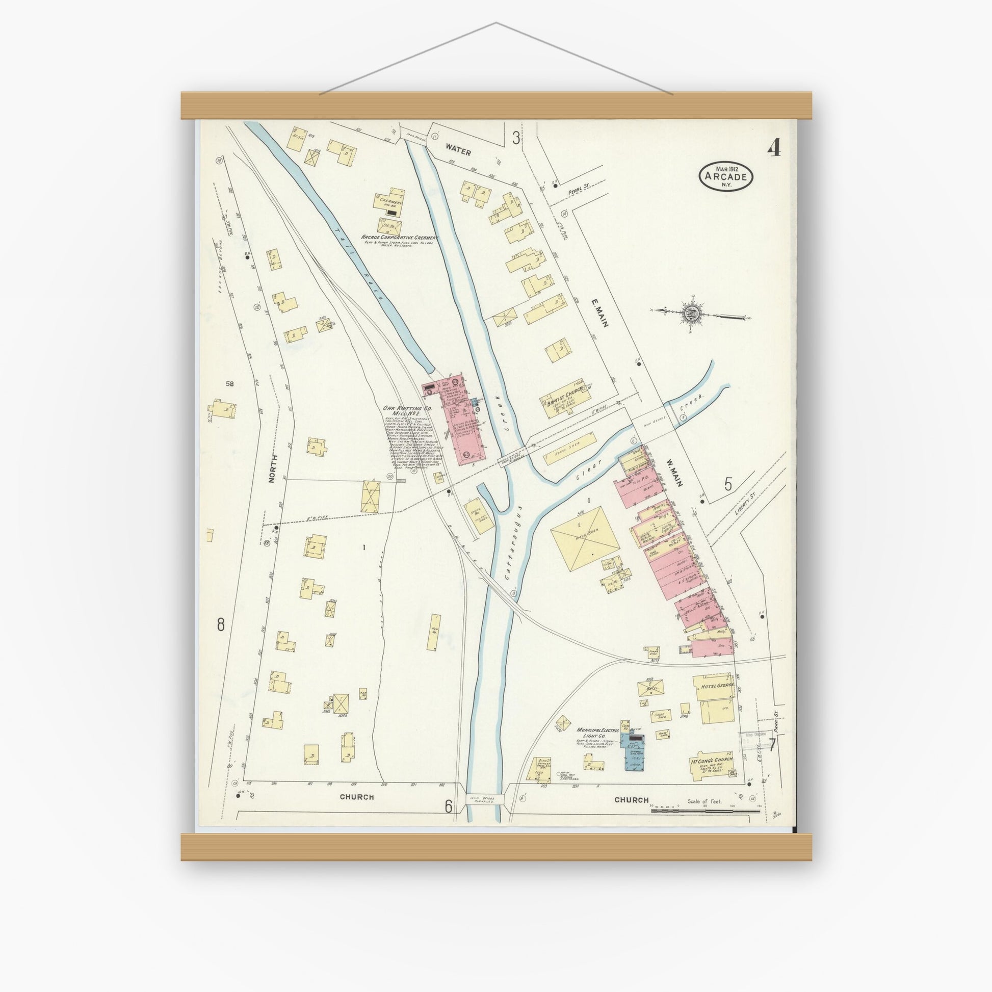 Old map wall art mockup — magnetic wood frame on white wall — Sanborn Fire Insurance Map from Arcade, Wyoming County, New York (1912), Sheet #0004
