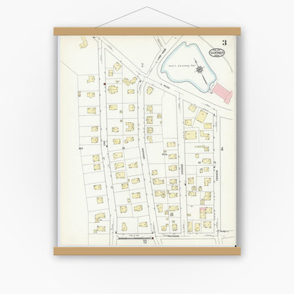 Old map wall art mockup — magnetic wood frame on white wall — Sanborn Fire Insurance Map from Gardner, Worcester County, Massachusetts (1914), Sheet #0003