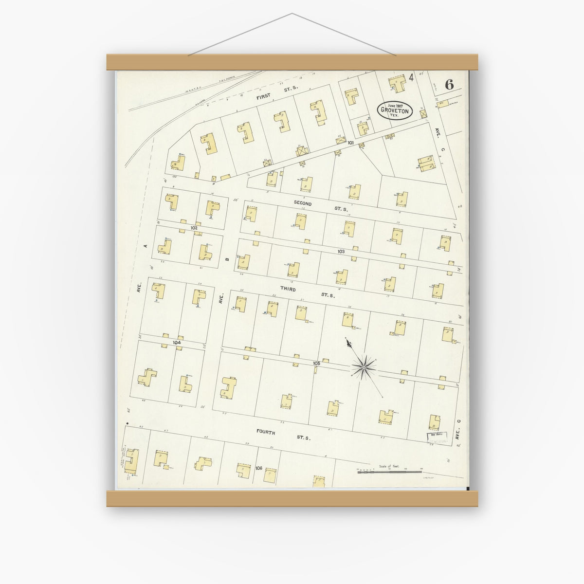 Old map wall art mockup — magnetic wood frame on white wall — Sanborn Fire Insurance Map from Groveton, Trinity County, Texas (1907), Sheet #0006