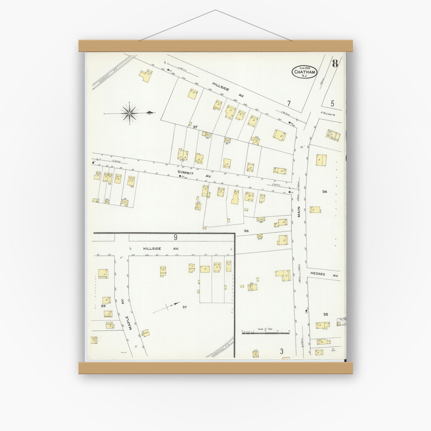 Old map wall art mockup — magnetic wood frame on white wall — Sanborn Fire Insurance Map from Chatham, Morris County, New Jersey (1909), Sheet #0008