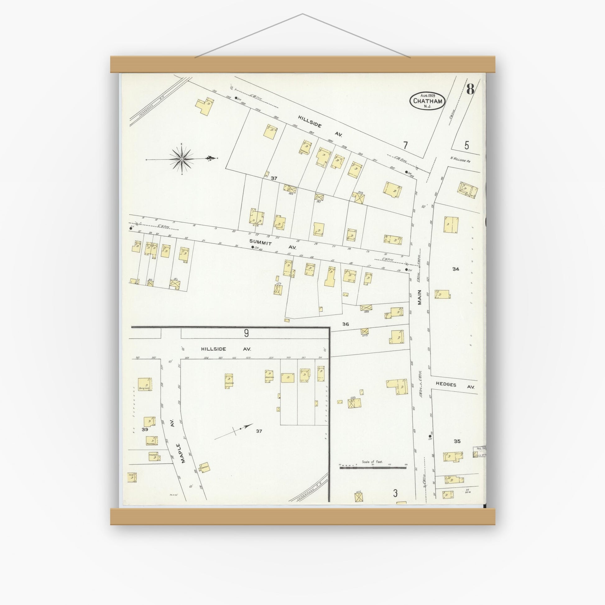 Old map wall art mockup — magnetic wood frame on white wall — Sanborn Fire Insurance Map from Chatham, Morris County, New Jersey (1909), Sheet #0008