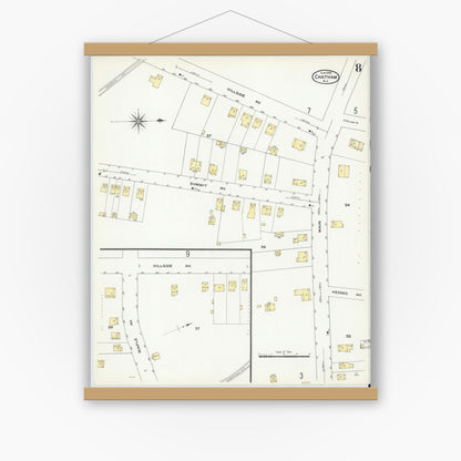 Old map wall art mockup — magnetic wood frame on white wall — Sanborn Fire Insurance Map from Chatham, Morris County, New Jersey (1909), Sheet #0008