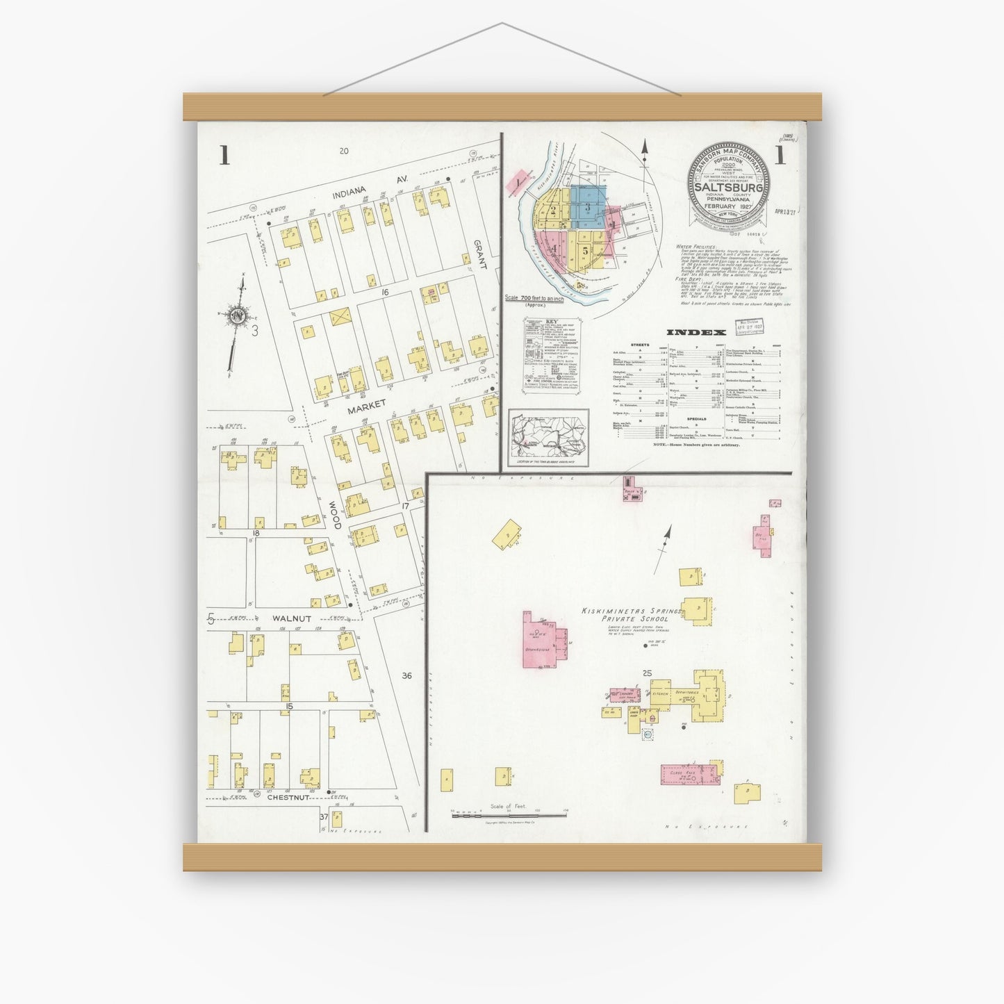 Old map wall art mockup — magnetic wood frame on white wall — Sanborn Fire Insurance Map from Saltsburg, Indiana County, Pennsylvania (1927), Sheet #0001