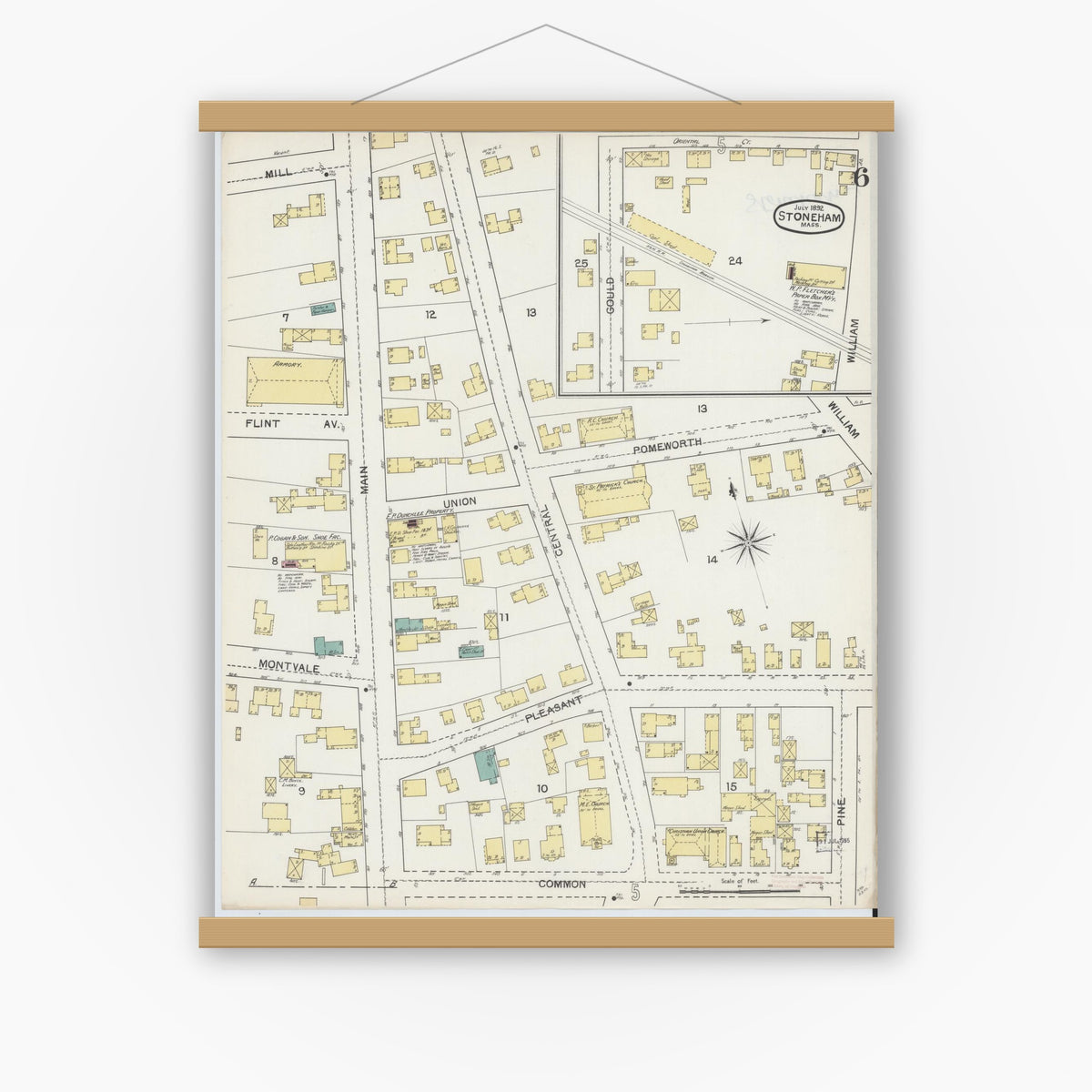 Old map wall art mockup — magnetic wood frame on white wall — Sanborn Fire Insurance Map from Stoneham, Middlesex County, Massachusetts (1892), Sheet #0006