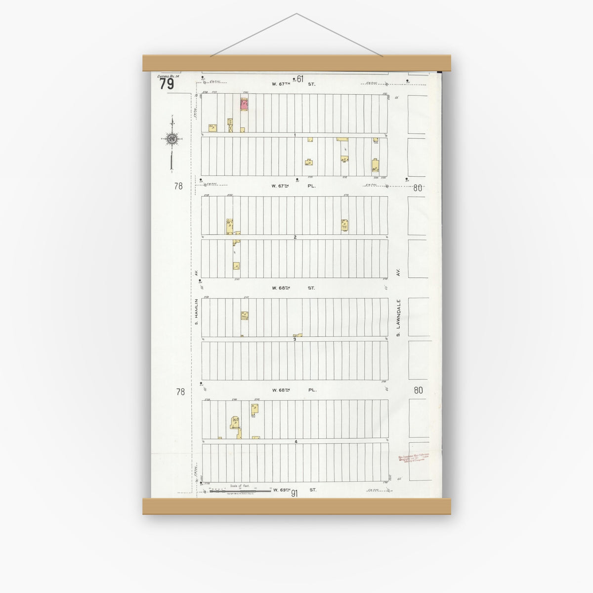 Old map wall art mockup — magnetic wood frame on white wall — Sanborn Fire Insurance Map from Chicago, Cook County, Illinois (1920), Sheet #0079