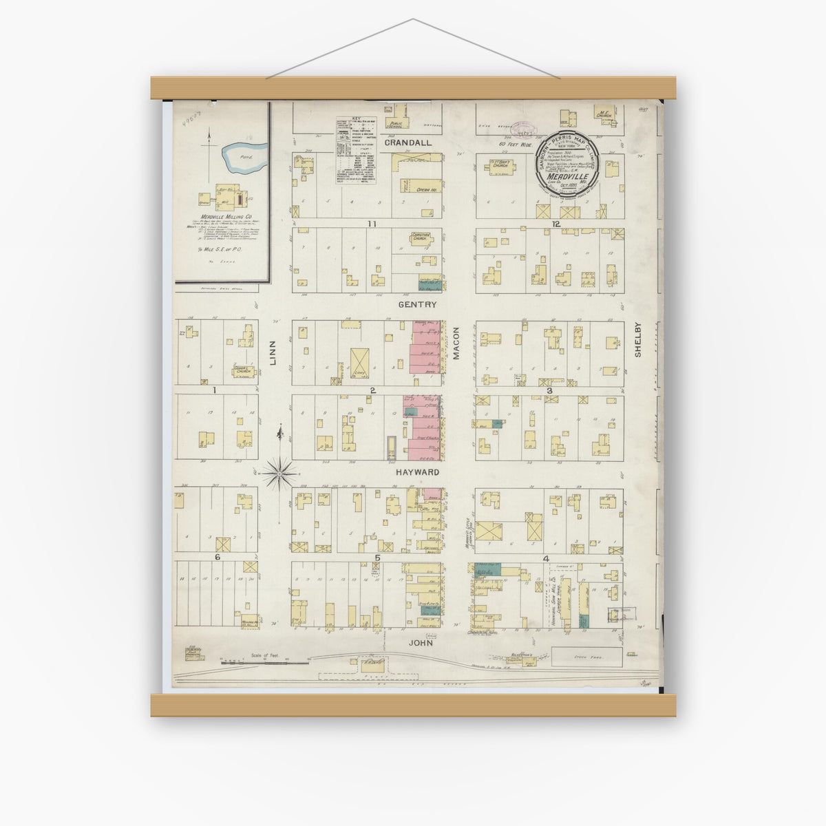 Old map wall art mockup — magnetic wood frame on white wall — Sanborn Fire Insurance Map from Meadville, Linn County, Missouri (1893), Sheet #0001