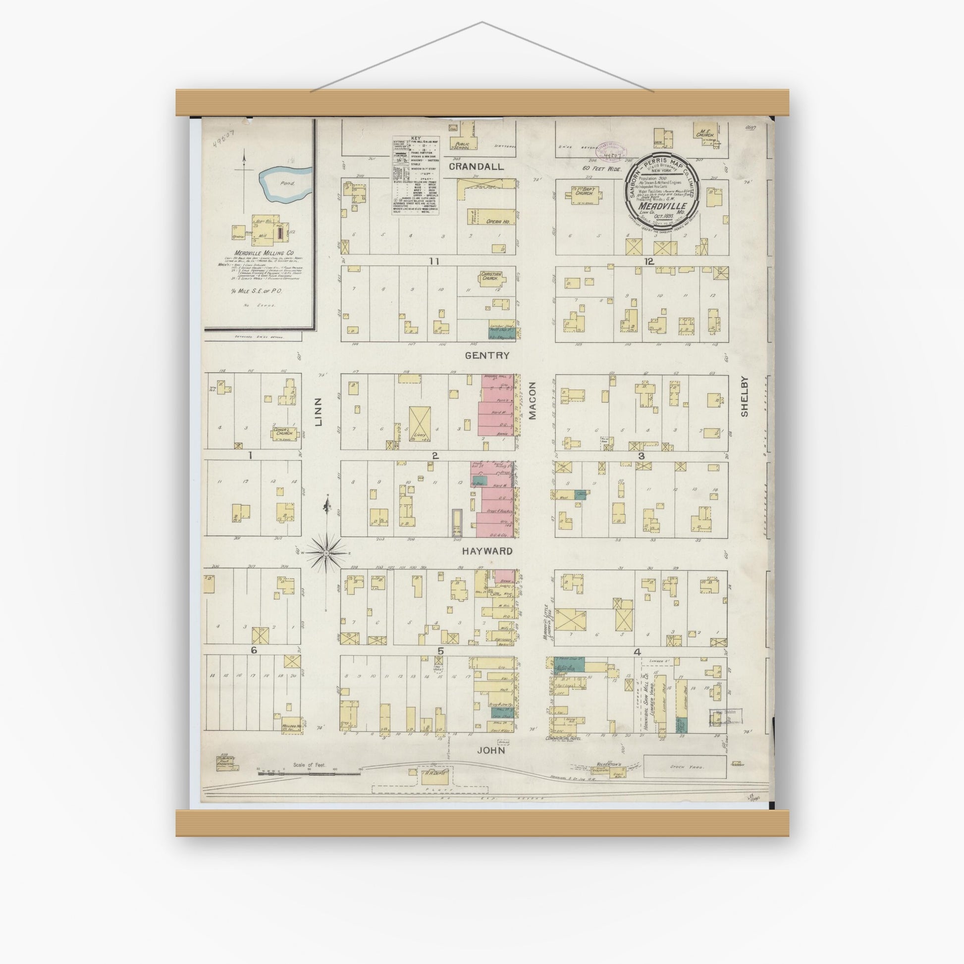 Old map wall art mockup — magnetic wood frame on white wall — Sanborn Fire Insurance Map from Meadville, Linn County, Missouri (1893), Sheet #0001