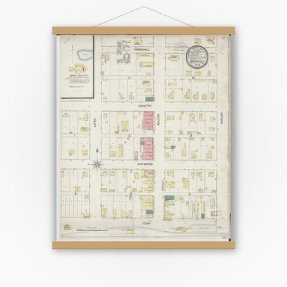 Old map wall art mockup — magnetic wood frame on white wall — Sanborn Fire Insurance Map from Meadville, Linn County, Missouri (1893), Sheet #0001