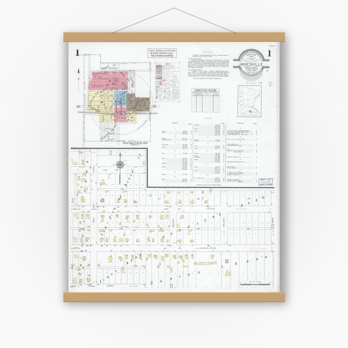 Old map wall art mockup — magnetic wood frame on white wall — Sanborn Fire Insurance Map from Janesville, Waseca County, Minnesota (1947) - Complete Map Set