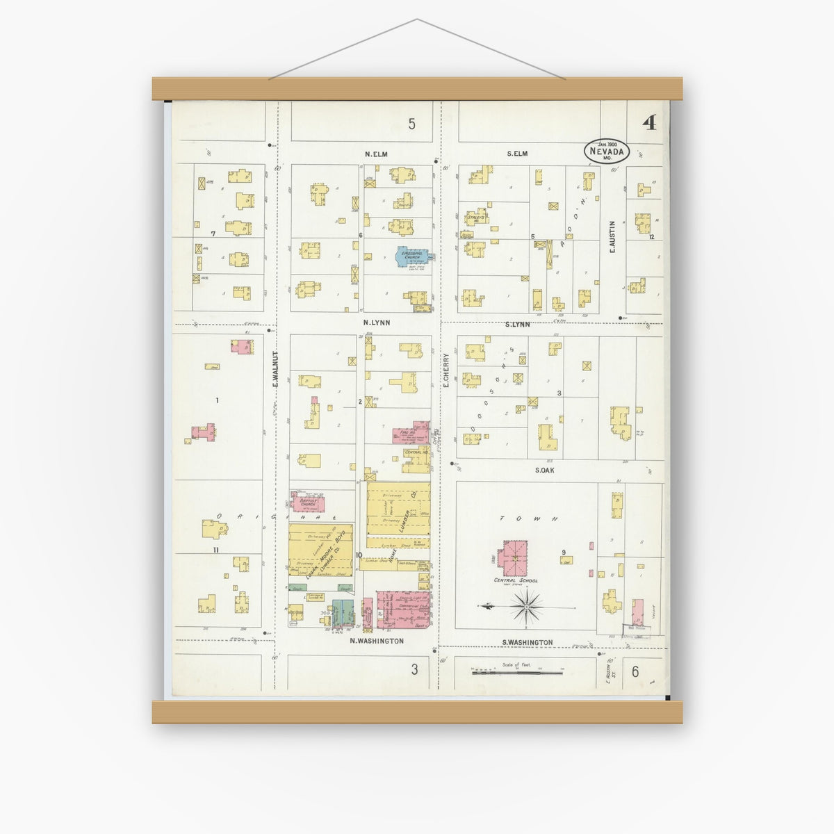 Old map wall art mockup — magnetic wood frame on white wall — Sanborn Fire Insurance Map from Nevada, Vernon County, Missouri (1900), Sheet #0004