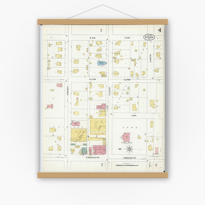 Old map wall art mockup — magnetic wood frame on white wall — Sanborn Fire Insurance Map from Nevada, Vernon County, Missouri (1900), Sheet #0004