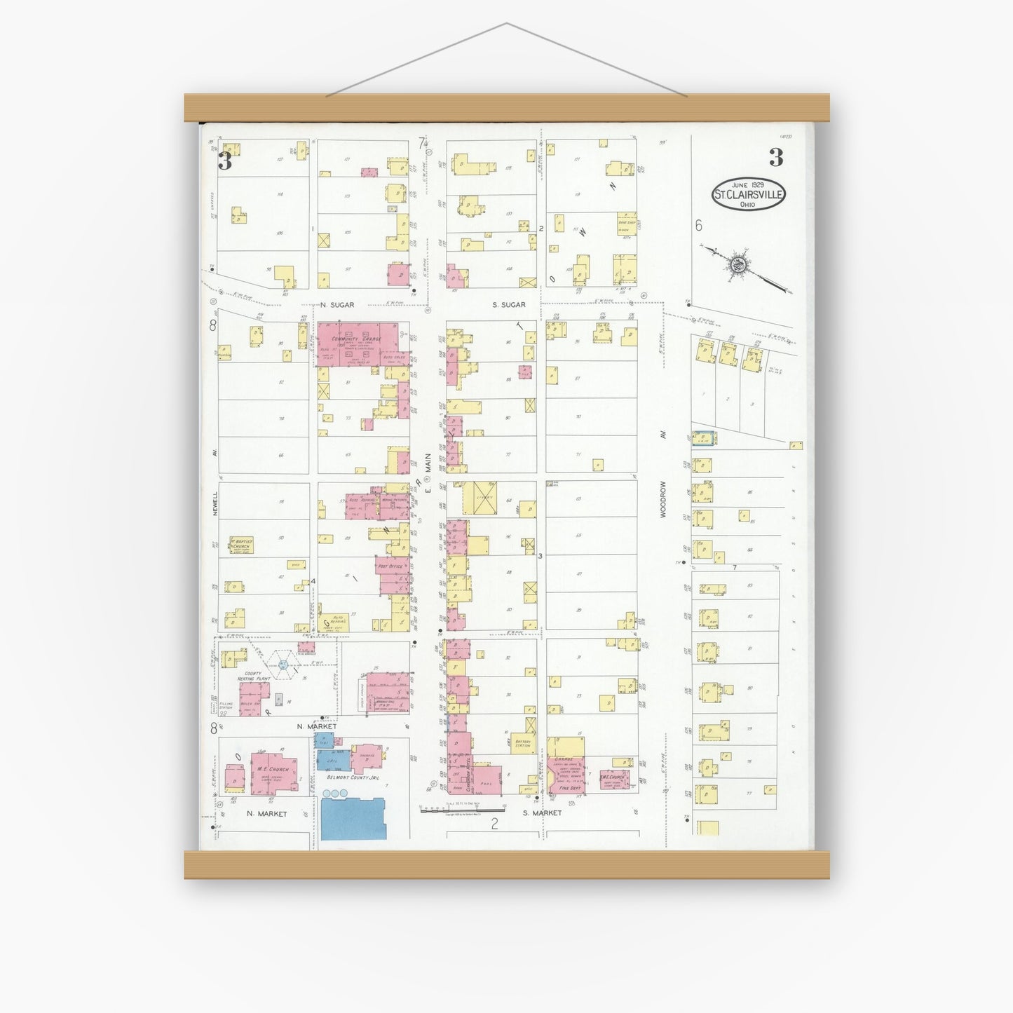 Old map wall art mockup — magnetic wood frame on white wall — Sanborn Fire Insurance Map from Saint Clairsville, Belmont County, Ohio (1929), Sheet #0003