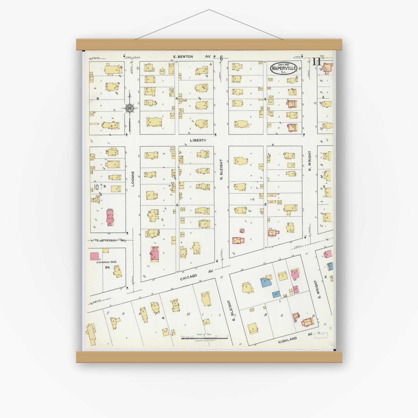 Old map wall art mockup — magnetic wood frame on white wall — Sanborn Fire Insurance Map from Naperville, Du Page County, Illinois (1921), Sheet #0011