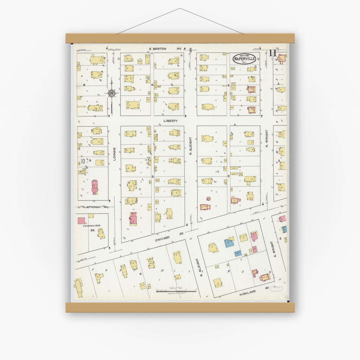 Old map wall art mockup — magnetic wood frame on white wall — Sanborn Fire Insurance Map from Naperville, Du Page County, Illinois (1921), Sheet #0011