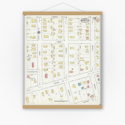 Old map wall art mockup — magnetic wood frame on white wall — Sanborn Fire Insurance Map from Naperville, Du Page County, Illinois (1921), Sheet #0011