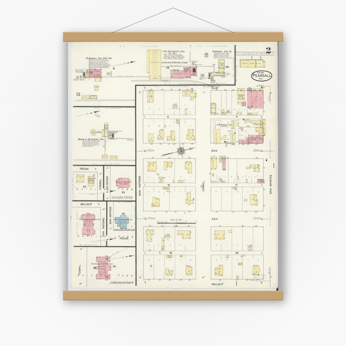Old map wall art mockup — magnetic wood frame on white wall — Sanborn Fire Insurance Map from Pearsall, Frio County, Texas (1912), Sheet #0002