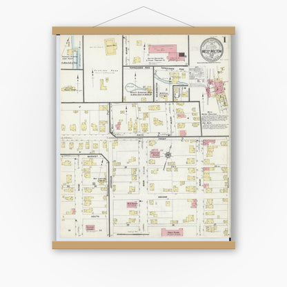Old map wall art mockup — magnetic wood frame on white wall — Sanborn Fire Insurance Map from West Milton, Miami County, Ohio (1912), Sheet #0001