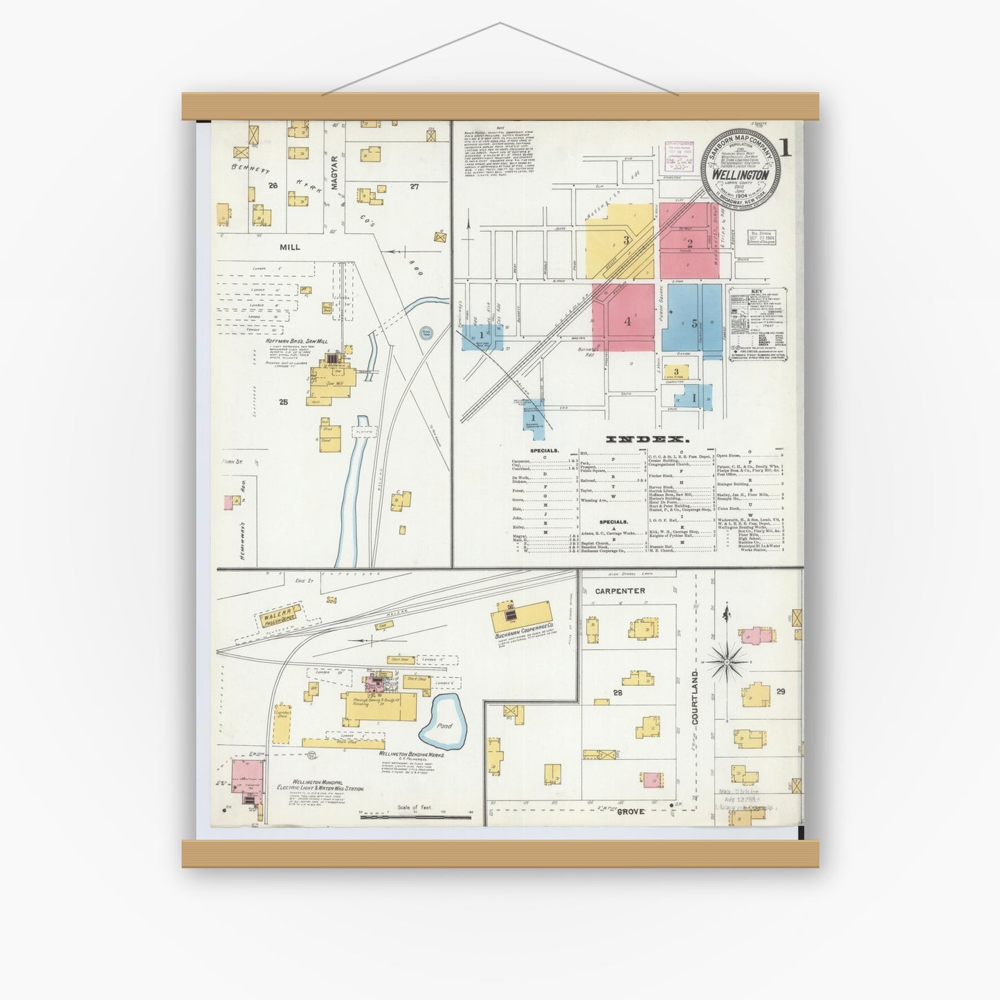 Old map wall art mockup — magnetic wood frame on white wall — Sanborn Fire Insurance Map from Wellington, Lorain County, Ohio (1904) - Complete Map Set