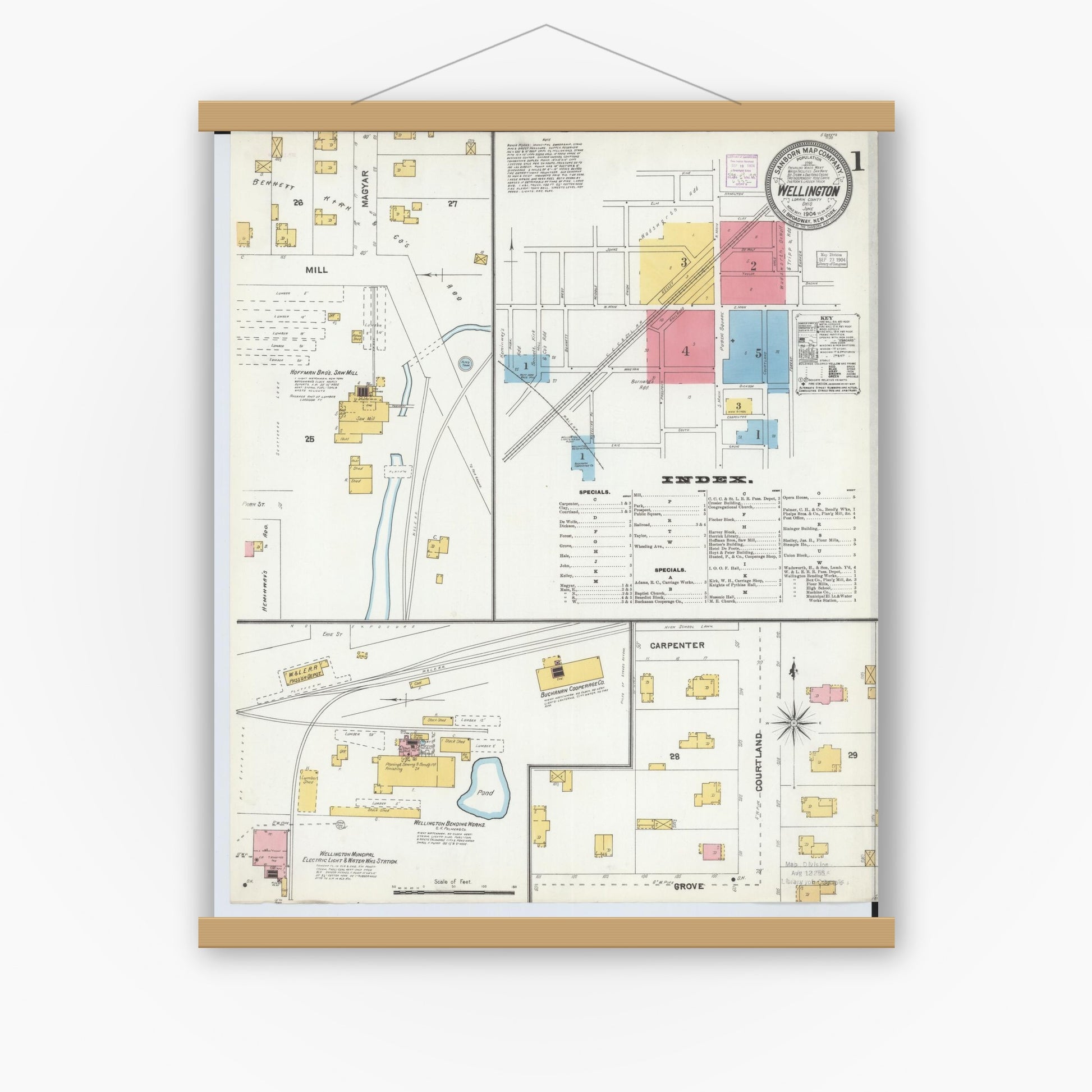 Old map wall art mockup — magnetic wood frame on white wall — Sanborn Fire Insurance Map from Wellington, Lorain County, Ohio (1904) - Complete Map Set