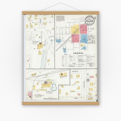 Old map wall art mockup — magnetic wood frame on white wall — Sanborn Fire Insurance Map from Wellington, Lorain County, Ohio (1904) - Complete Map Set