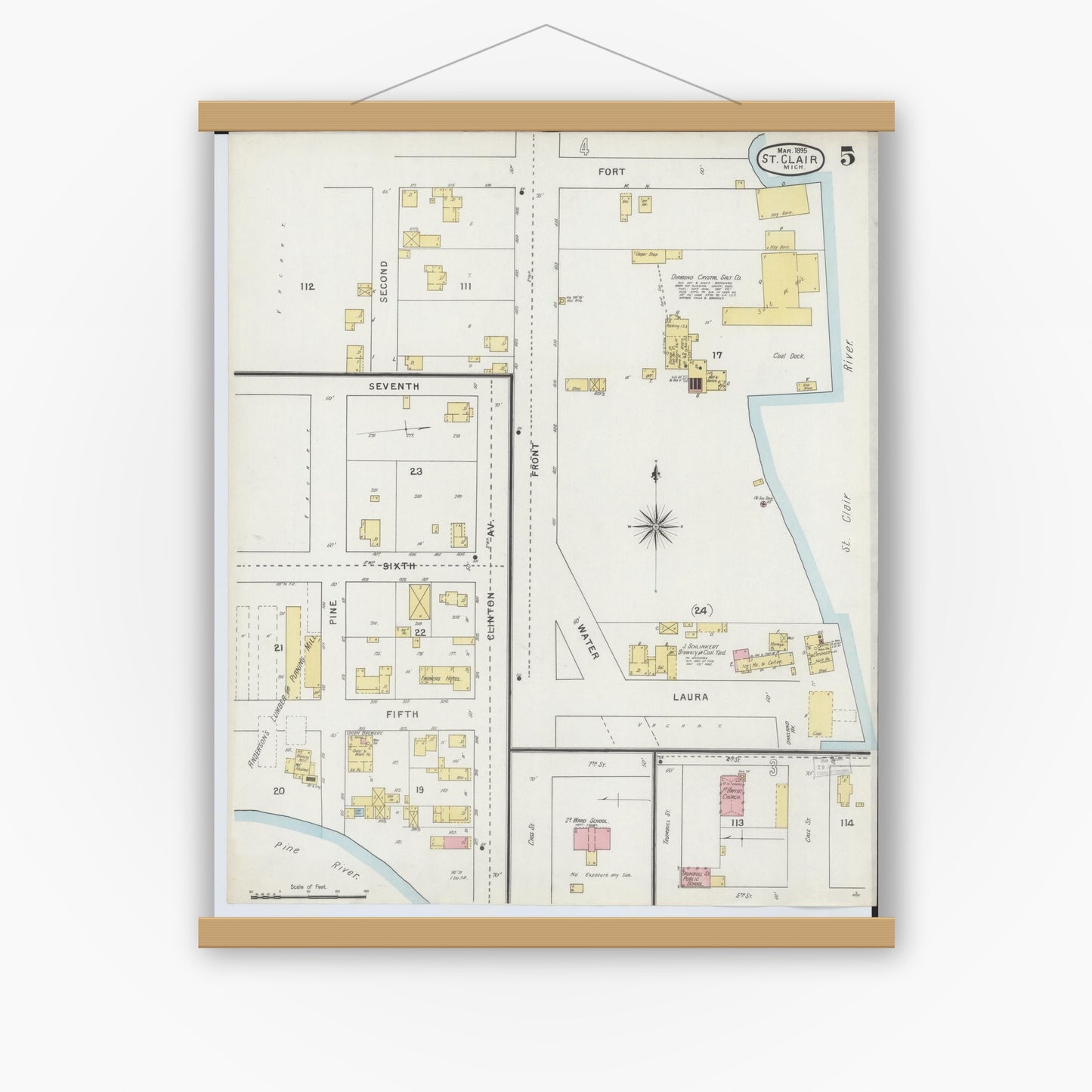 Old map wall art mockup — magnetic wood frame on white wall — Sanborn Fire Insurance Map from Saint Clair, Saint Clair County, Michigan (1895), Sheet #0005