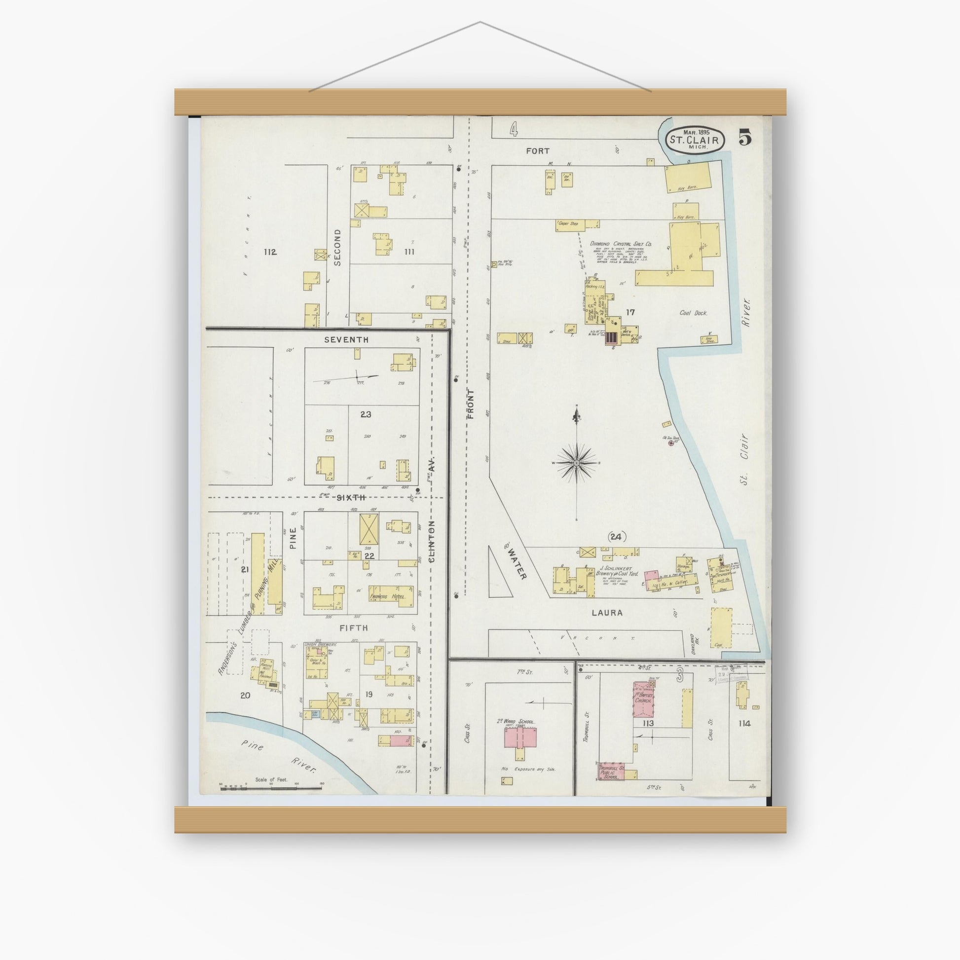 Old map wall art mockup — magnetic wood frame on white wall — Sanborn Fire Insurance Map from Saint Clair, Saint Clair County, Michigan (1895), Sheet #0005