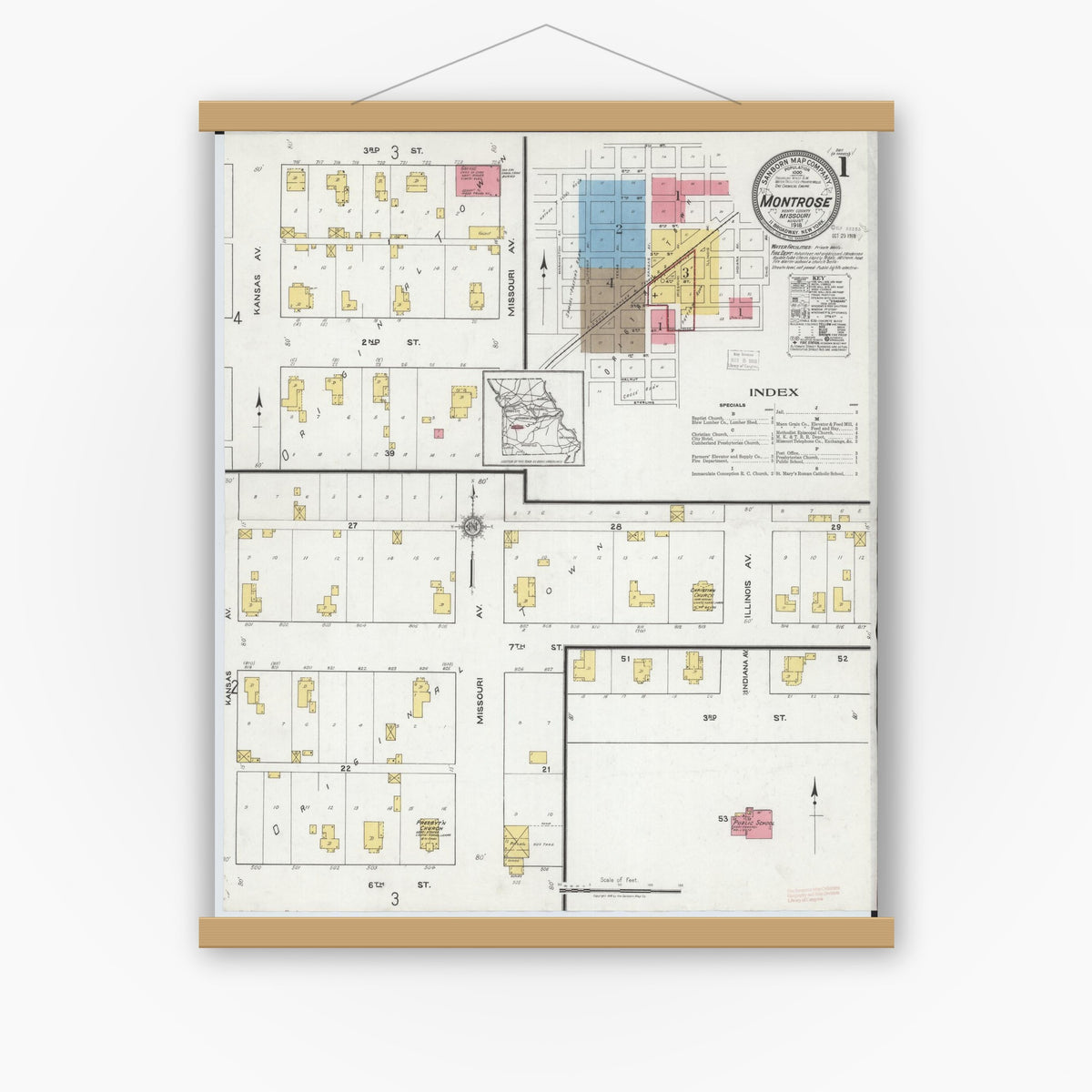 Old map wall art mockup — magnetic wood frame on white wall — Sanborn Fire Insurance Map from Montrose, Henry County, Missouri (1918) - Complete Map Set
