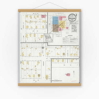 Old map wall art mockup — magnetic wood frame on white wall — Sanborn Fire Insurance Map from Montrose, Henry County, Missouri (1918) - Complete Map Set