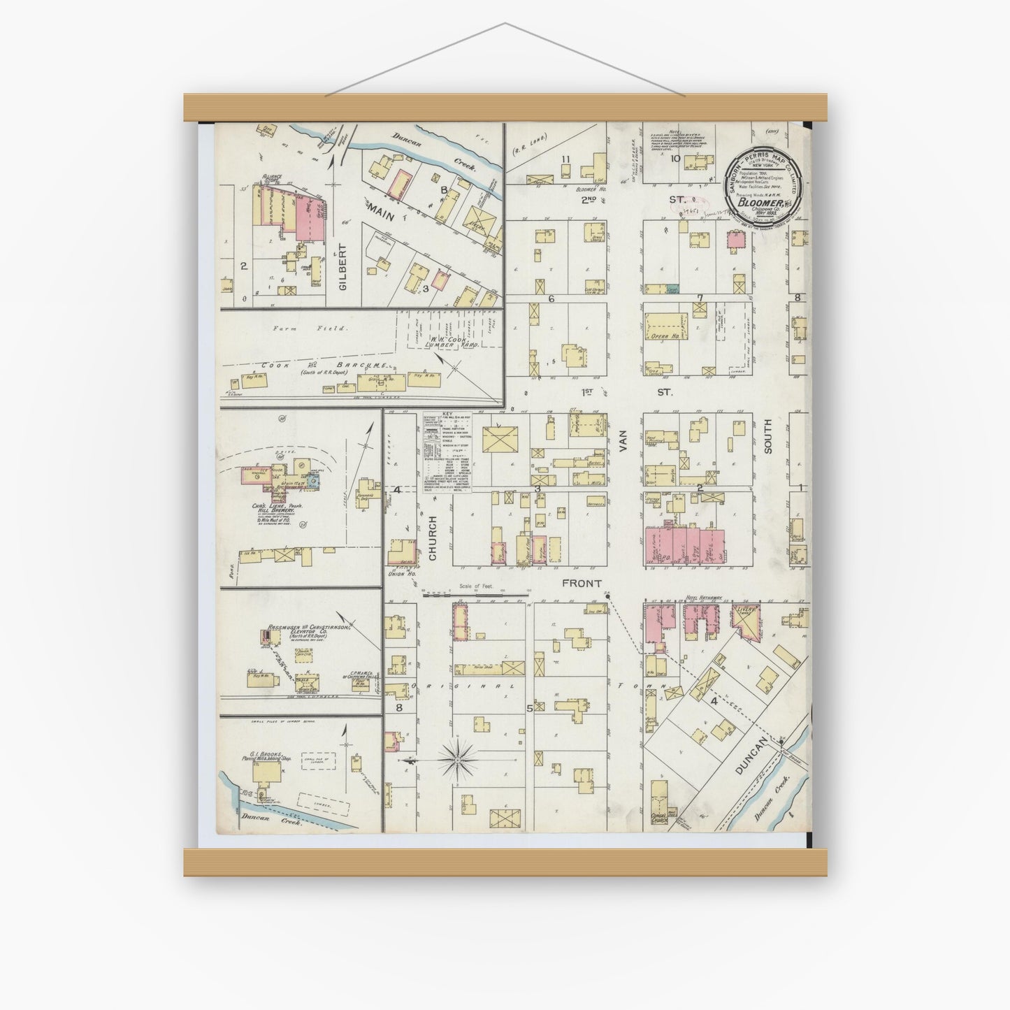 Old map wall art mockup — magnetic wood frame on white wall — Sanborn Fire Insurance Map from Bloomer, Chippewa County, Wisconsin (1893), Sheet #0001